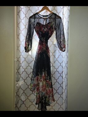 Ever Pretty Black Sheer Floral High-Low Dress